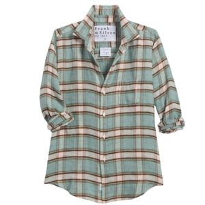 Frank & Eileen Barry Button Down Linen Flannel Green Sand Black Plaid Size Small